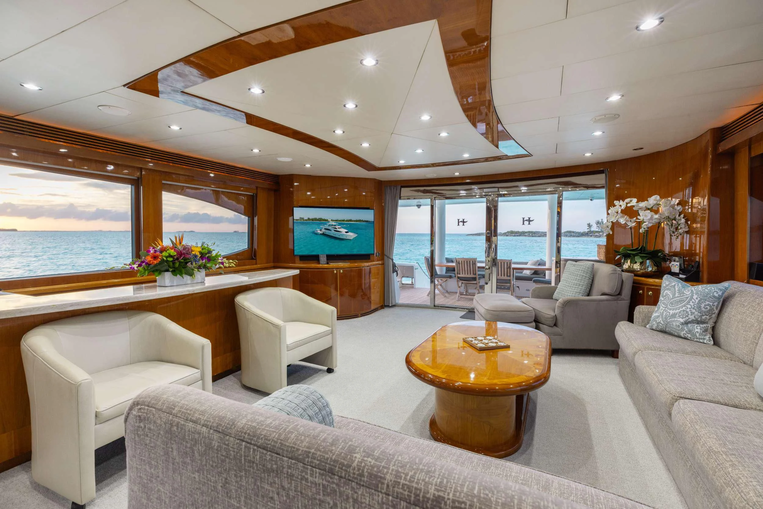 a living room with a large window aboard VITESSE Yacht for Sale