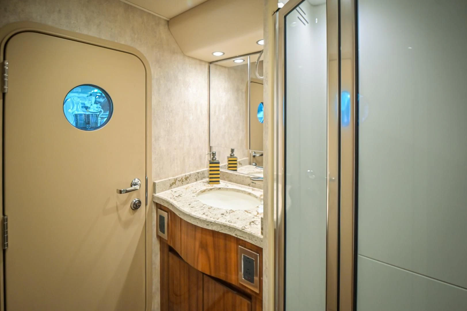 a bathroom with a sink and a mirror aboard GALATI  TRADE Yacht for Sale