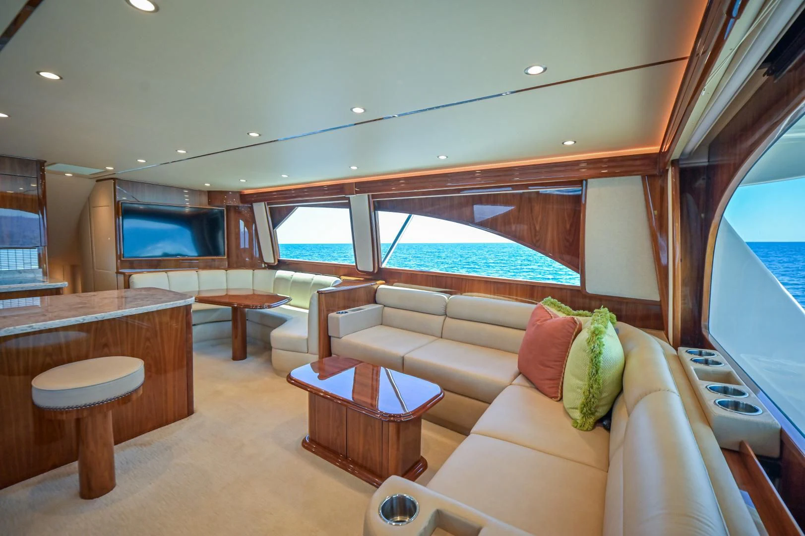 a living room with a large window aboard GALATI  TRADE Yacht for Sale