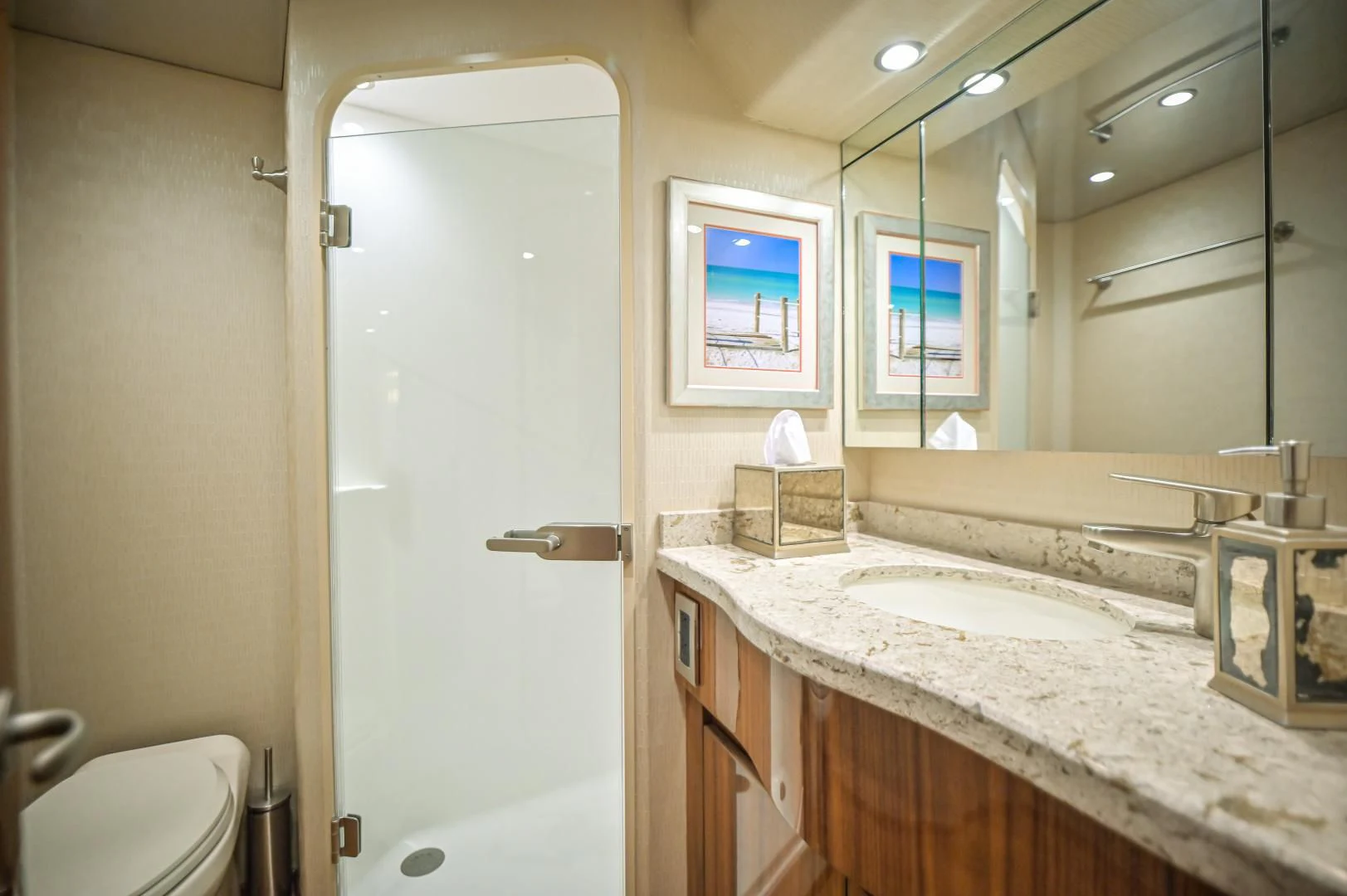 a bathroom with a large mirror aboard GALATI  TRADE Yacht for Sale