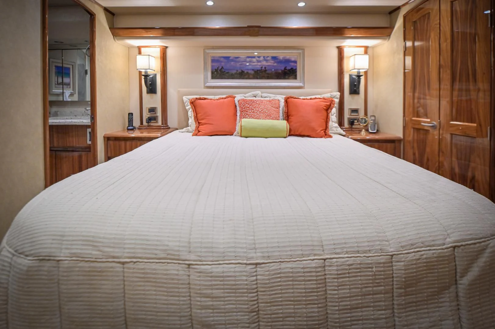 a bed with pillows on it aboard GALATI  TRADE Yacht for Sale