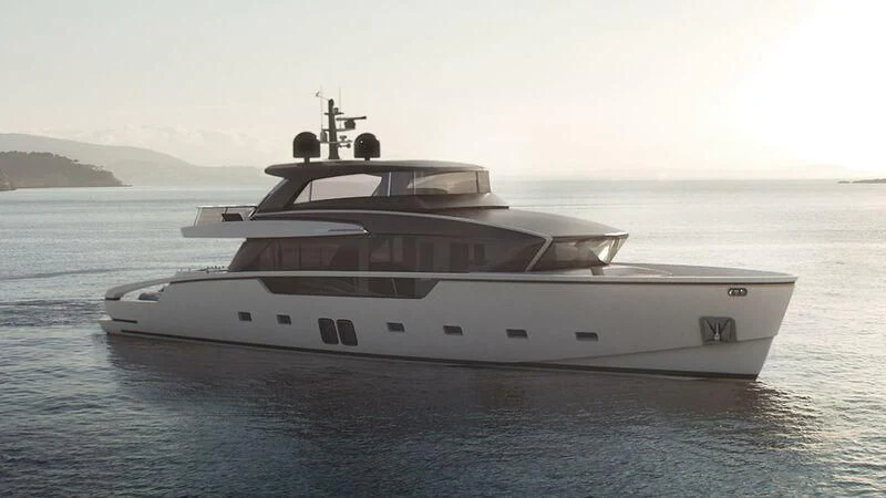 a white yacht in the water aboard DRAGONFLY I Yacht for Sale