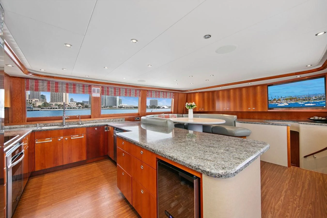 a kitchen with a large island aboard DESPERADO Yacht for Sale