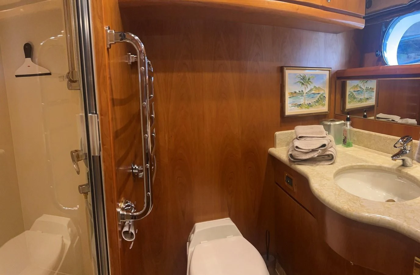 a bathroom with a sink and a shower aboard ROXY MARIA Yacht for Sale