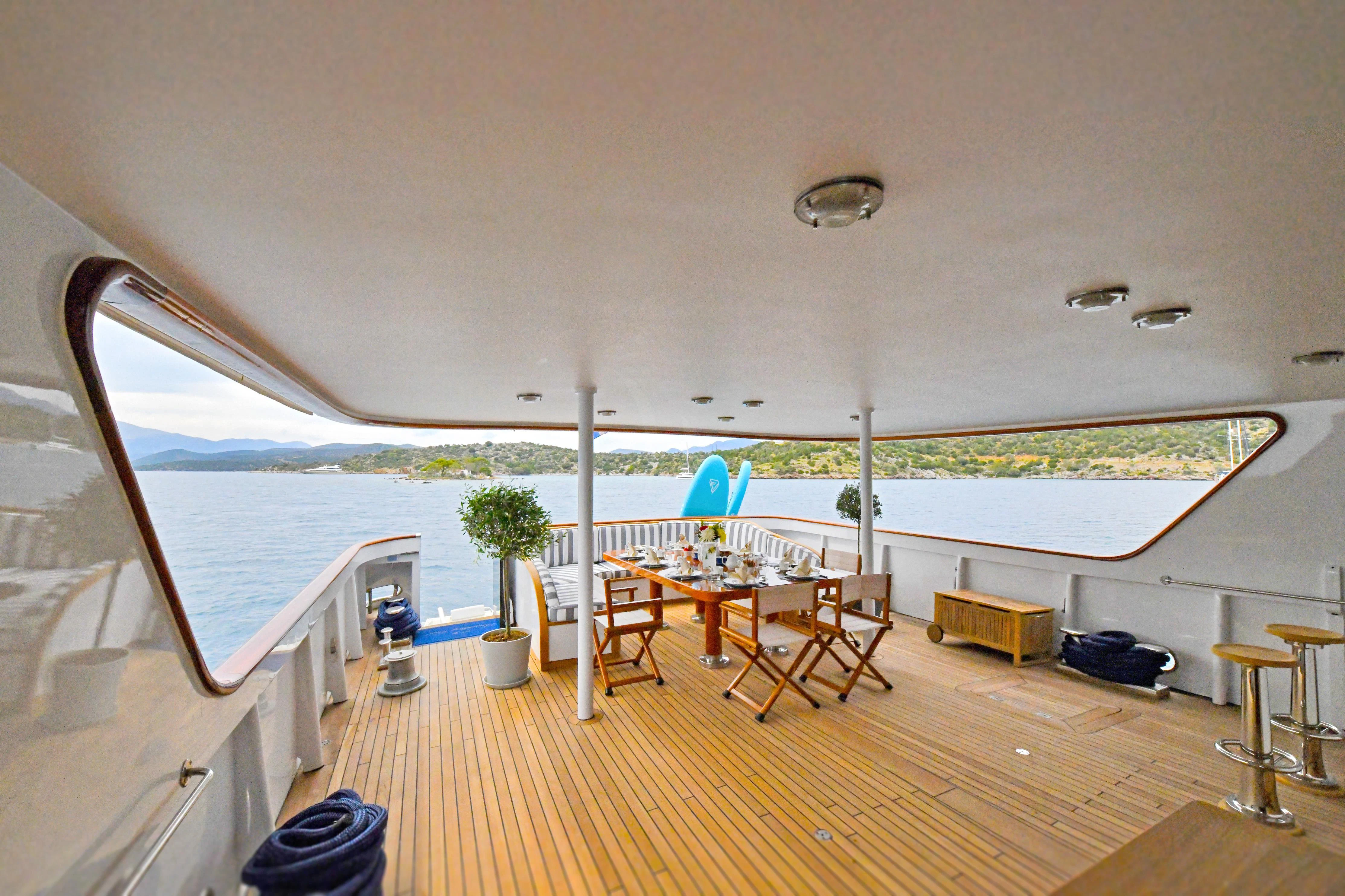 a room with a table and chairs aboard SOMETHING COOL Yacht for Charter