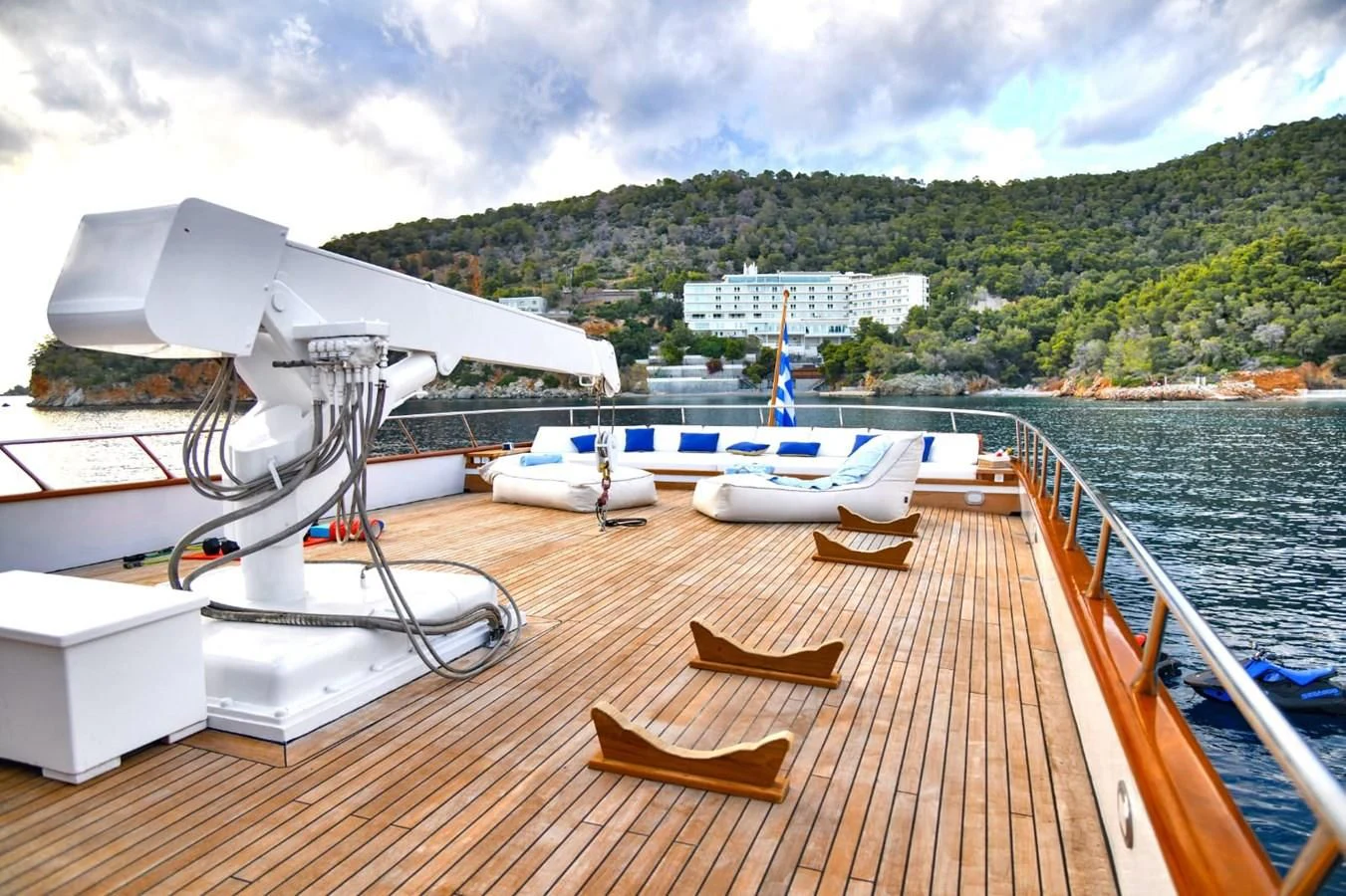 a deck with boats on it aboard SOMETHING COOL Yacht for Charter