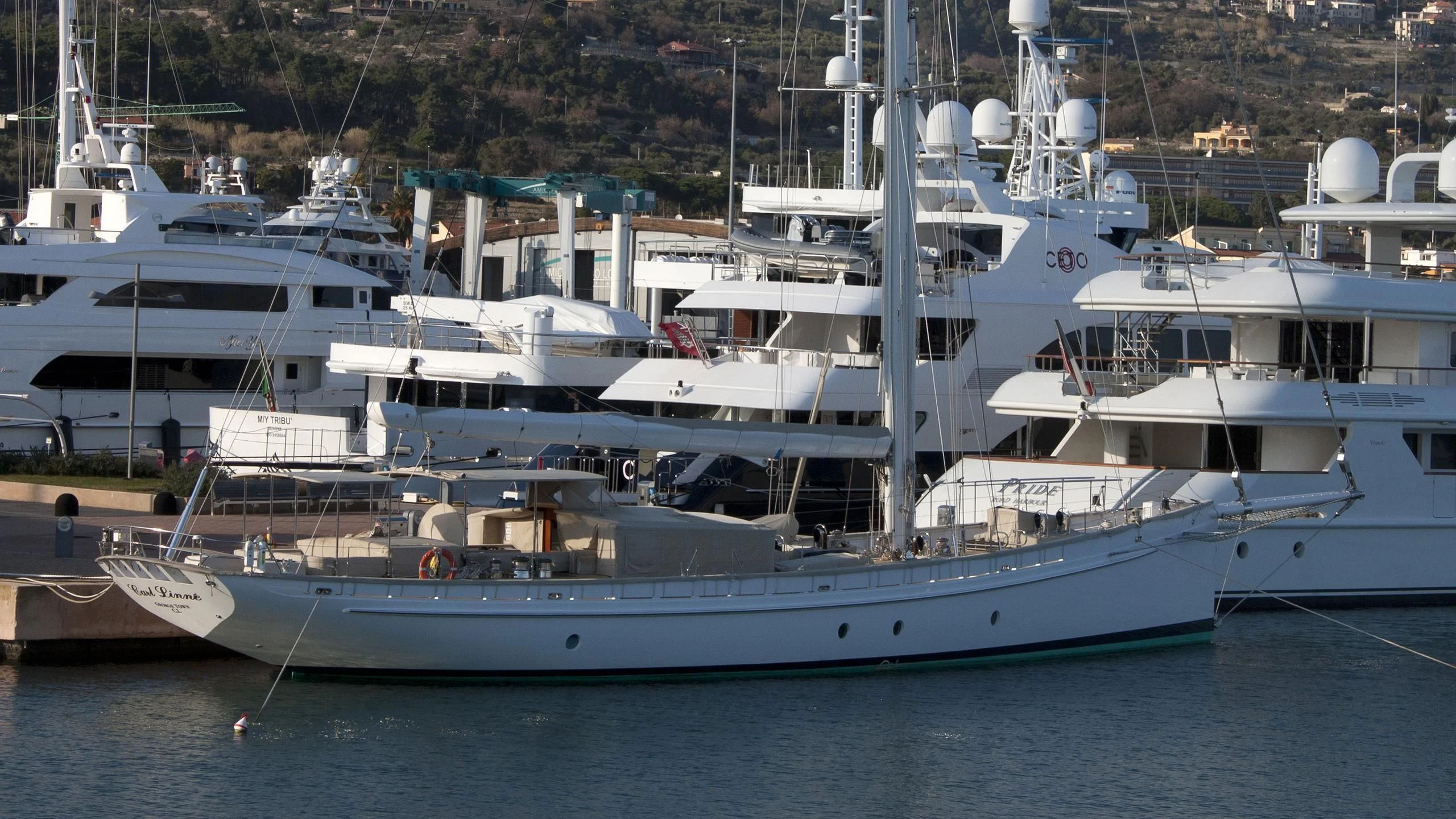 a group of boats in a harbor aboard URIEL Yacht for Sale