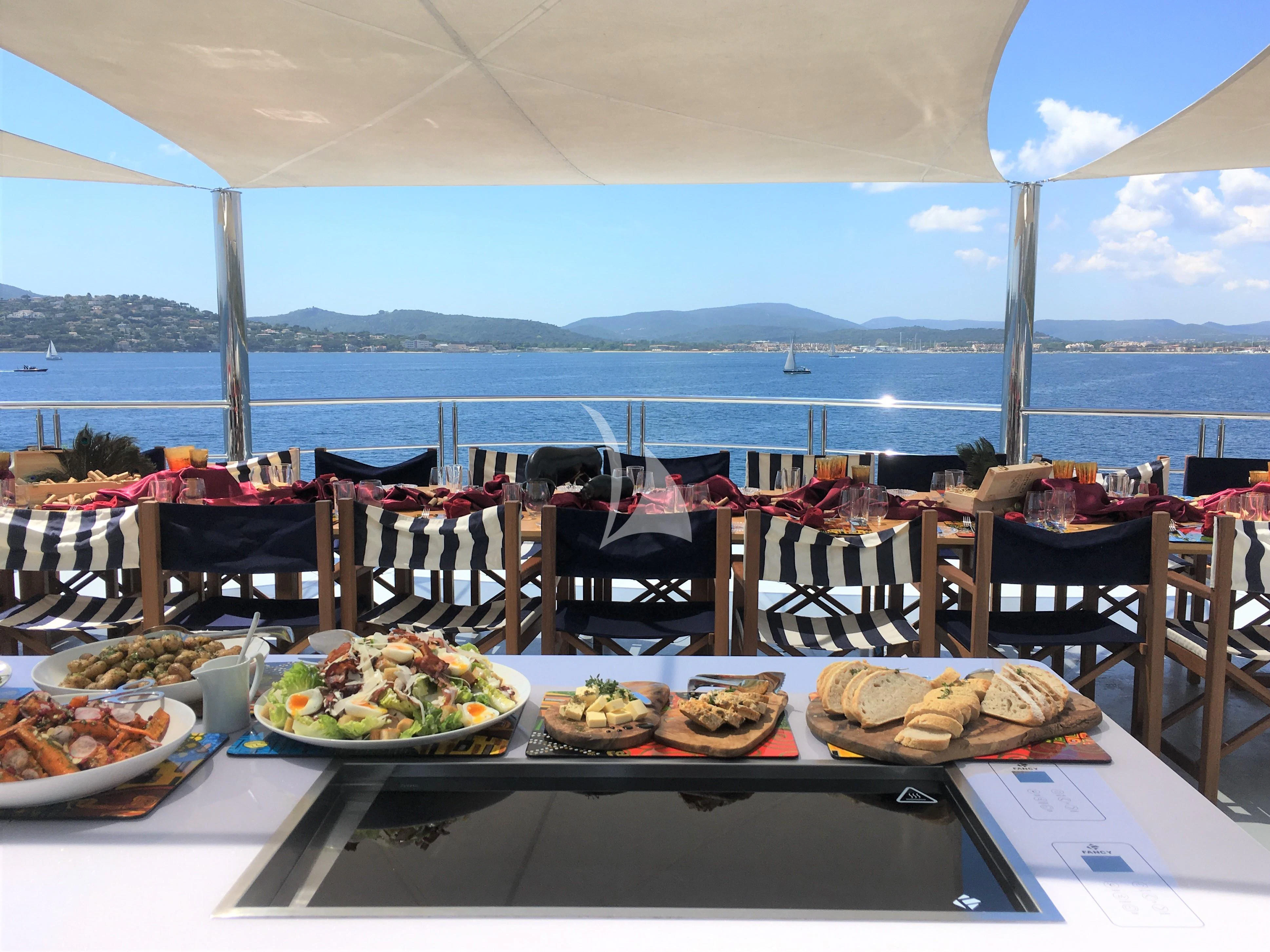 a table with food on it aboard SALUZI Yacht for Charter