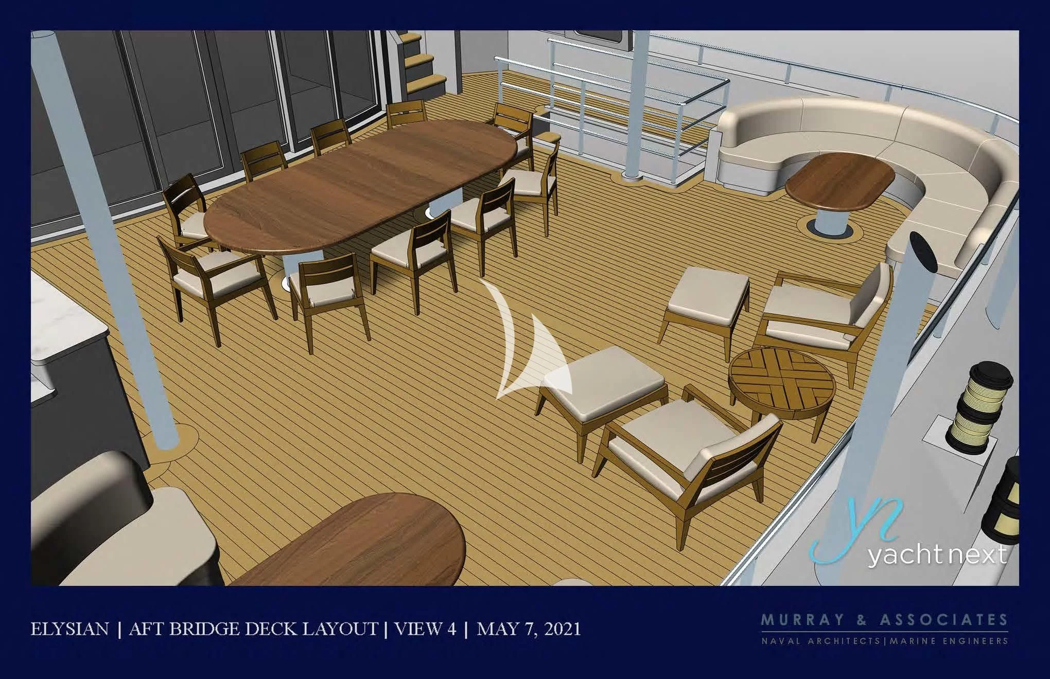 a room with tables chairs and a umbrella aboard SCOTT FREE Yacht for Charter