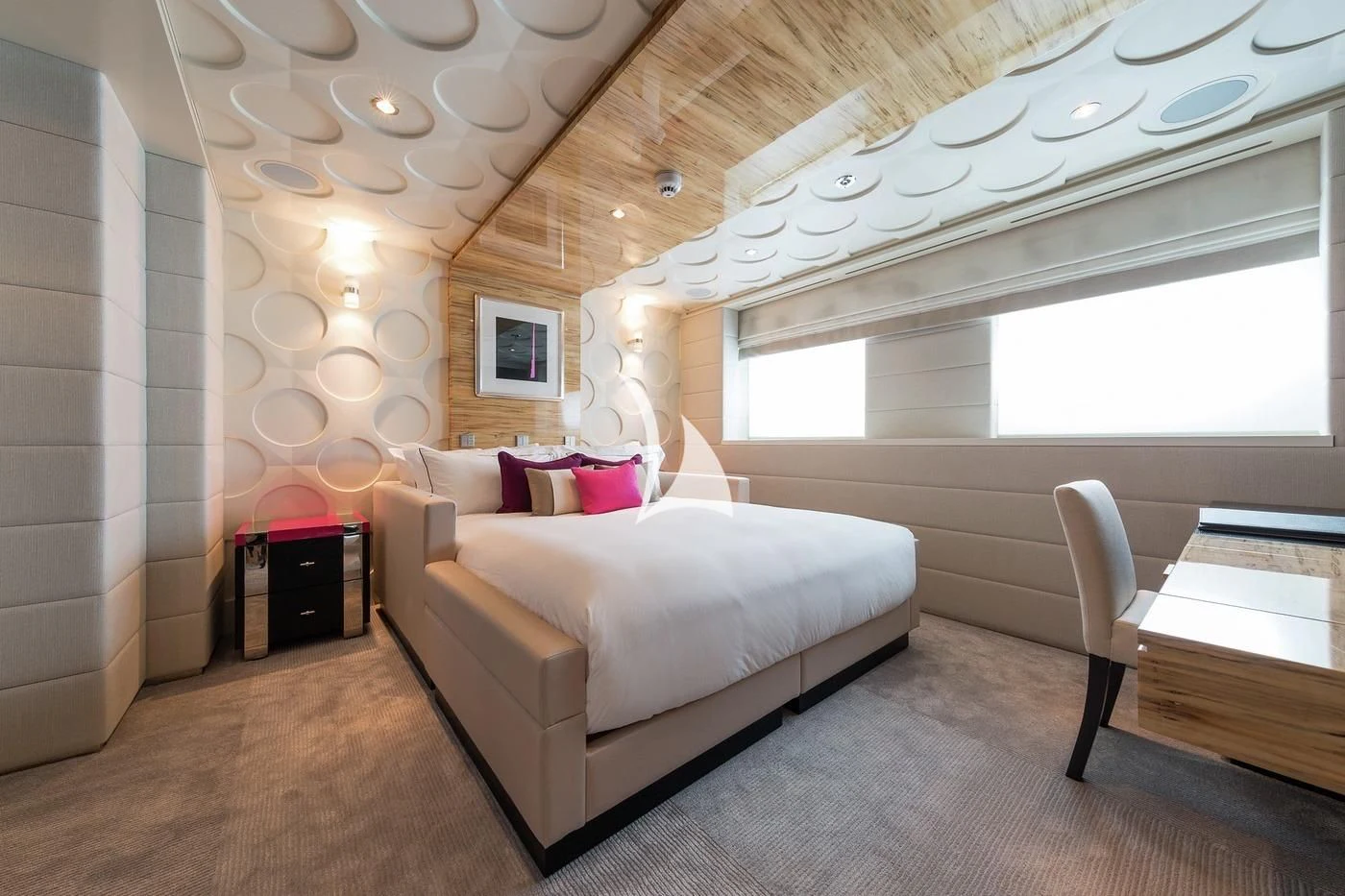 a living room with a couch and a table aboard SCOTT FREE Yacht for Charter