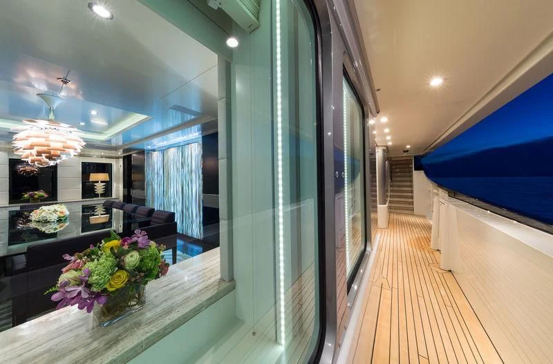 a long hallway with a wood floor aboard SCOTT FREE Yacht for Charter