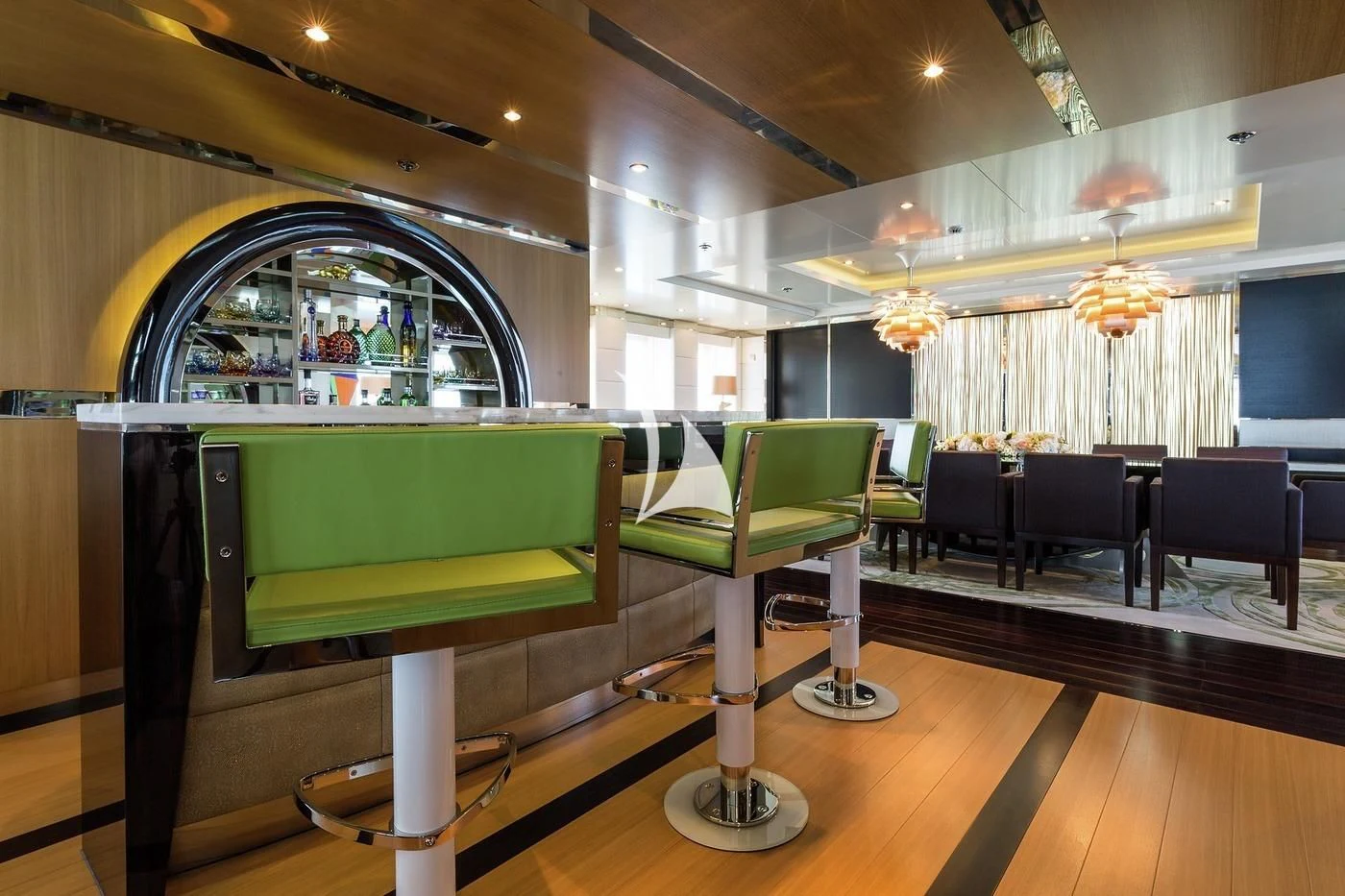 a room with a table and chairs aboard SCOTT FREE Yacht for Charter