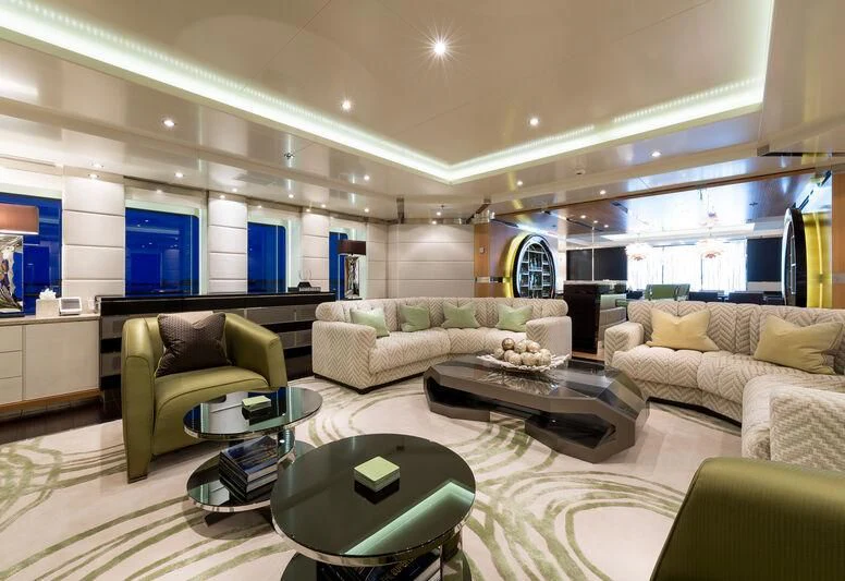 a living room with a large window aboard SCOTT FREE Yacht for Charter