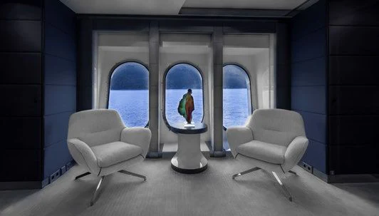 a room with a glass table and chairs and a window aboard SCOTT FREE Yacht for Charter