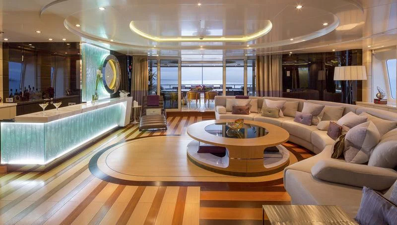 a living room with a large glass ceiling aboard SCOTT FREE Yacht for Charter