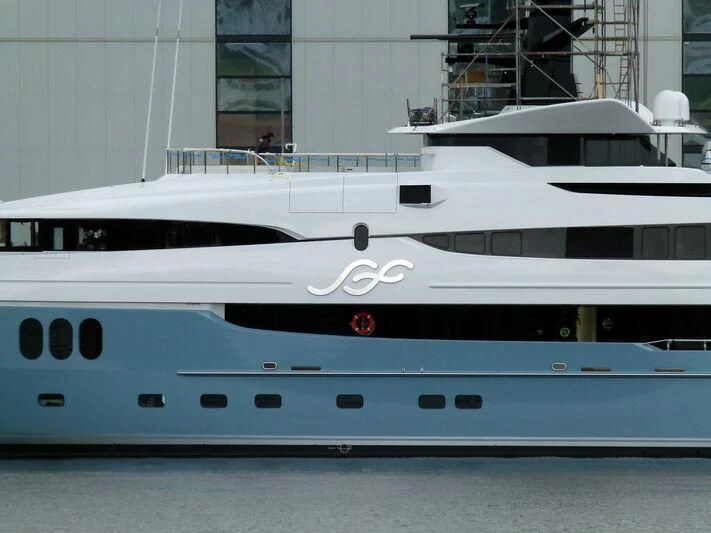 a white yacht in a building aboard SCOTT FREE Yacht for Charter