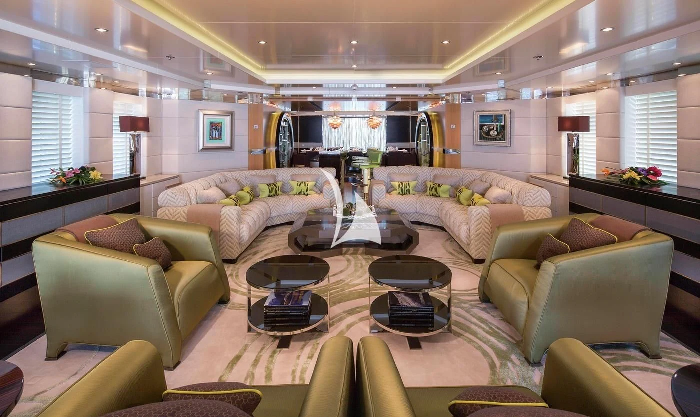 a living room with a large window aboard SCOTT FREE Yacht for Charter