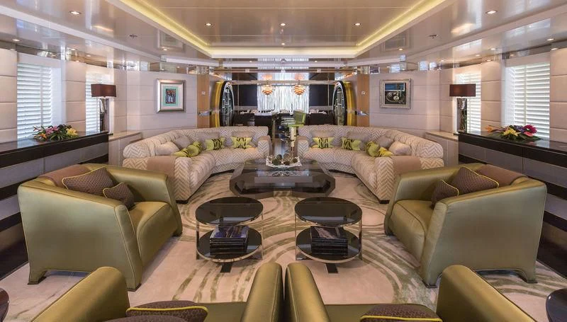 a living room with a couch and a coffee table aboard SCOTT FREE Yacht for Charter