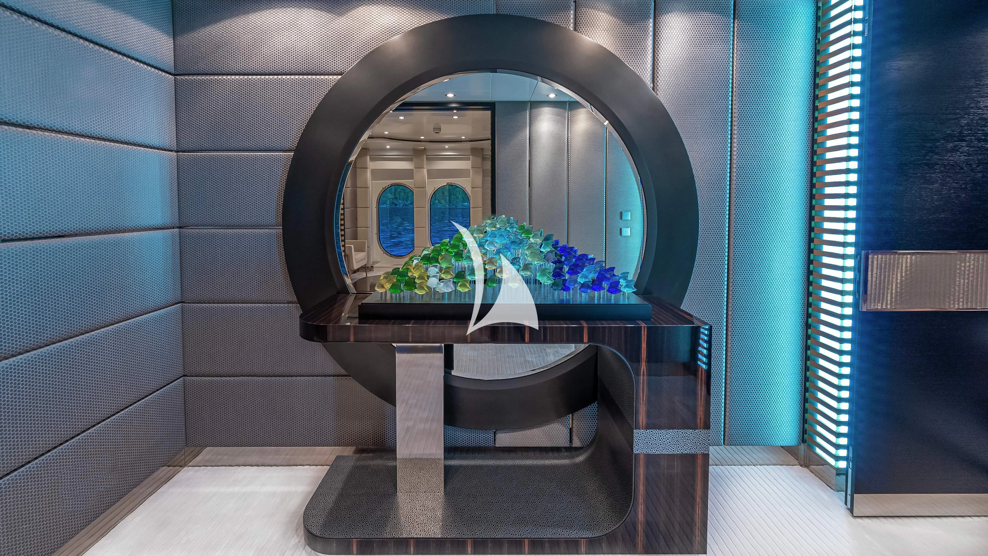 a fountain in a room aboard SCOTT FREE Yacht for Charter