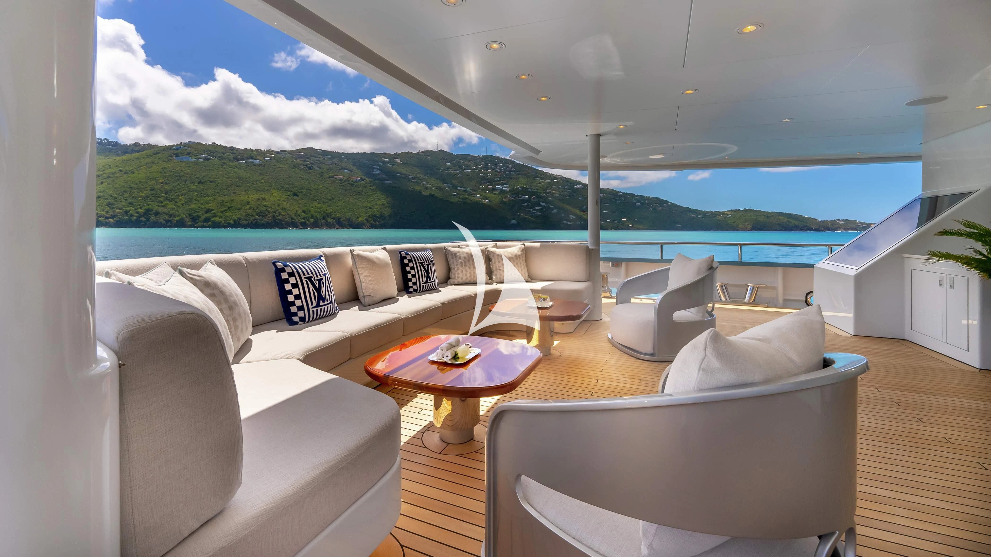a living room with a large window aboard SCOTT FREE Yacht for Charter
