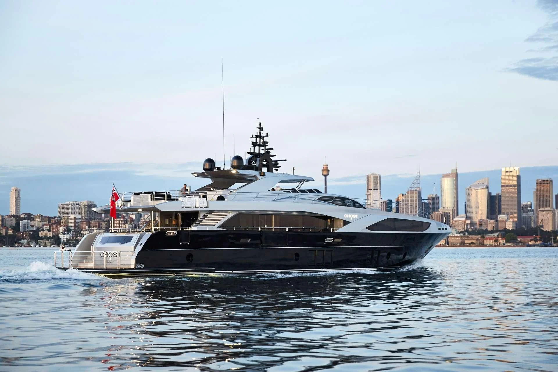 a large boat in the water aboard GHOST II Yacht for Sale