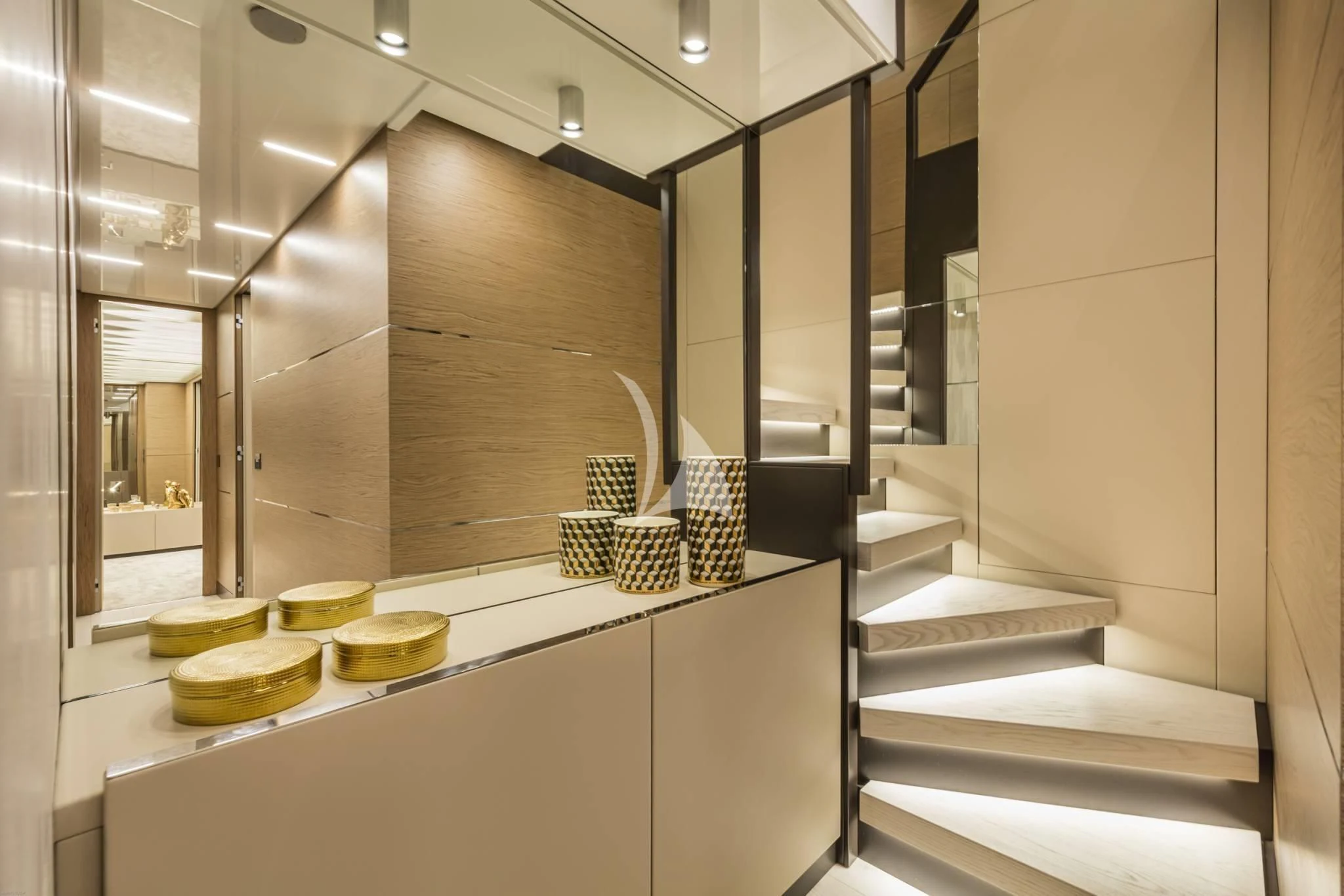 a bathroom with a glass shower aboard PIOLA Yacht for Sale