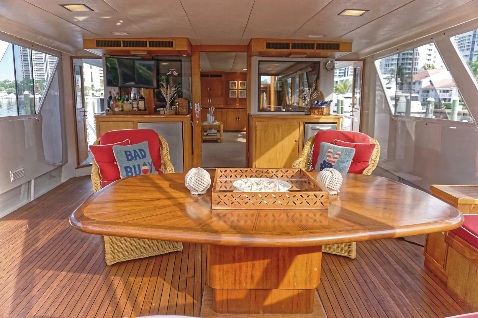 a table with a cake on it aboard ENCORE V Yacht for Sale