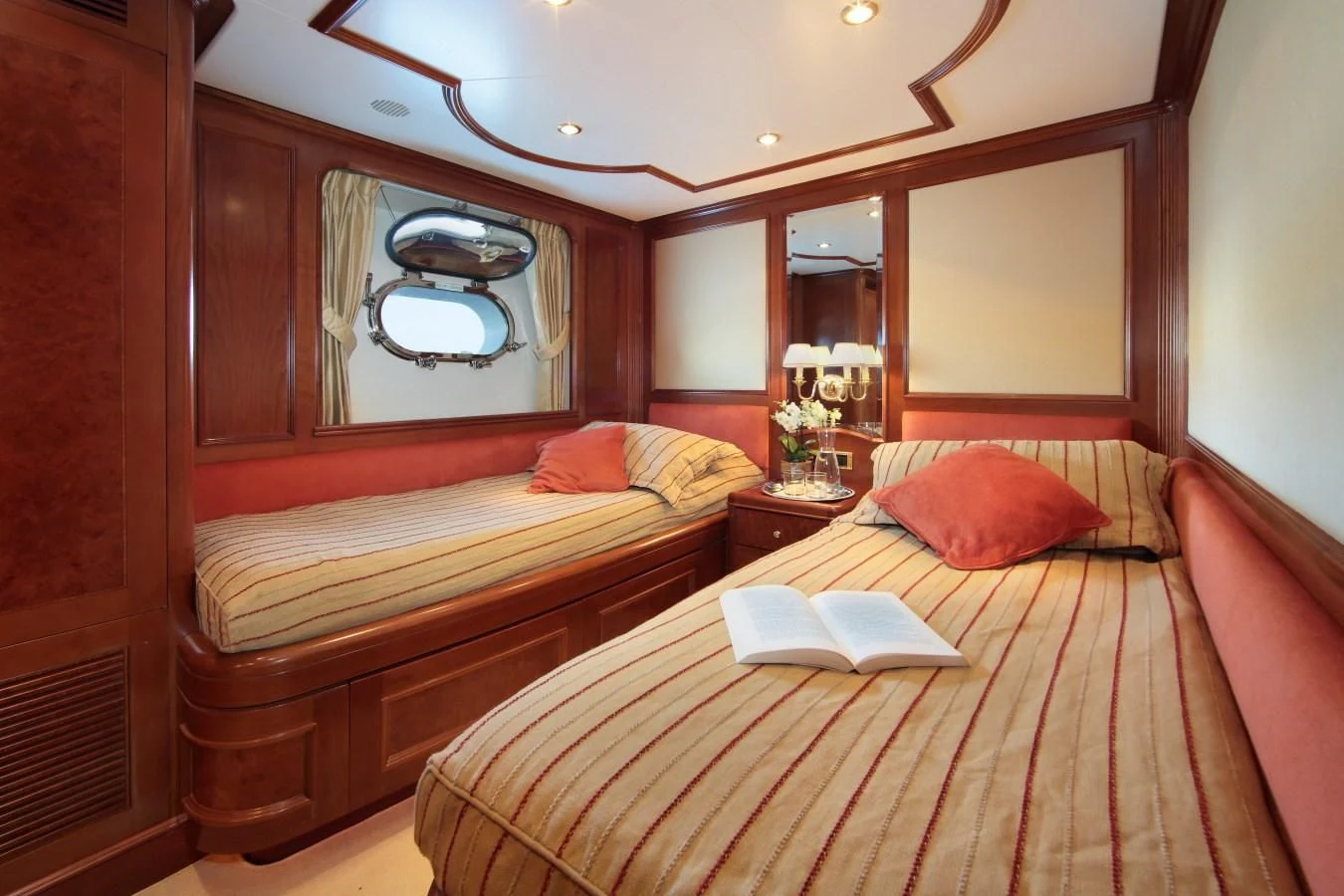 a couple of beds in a hotel room aboard INOUIS Yacht for Charter