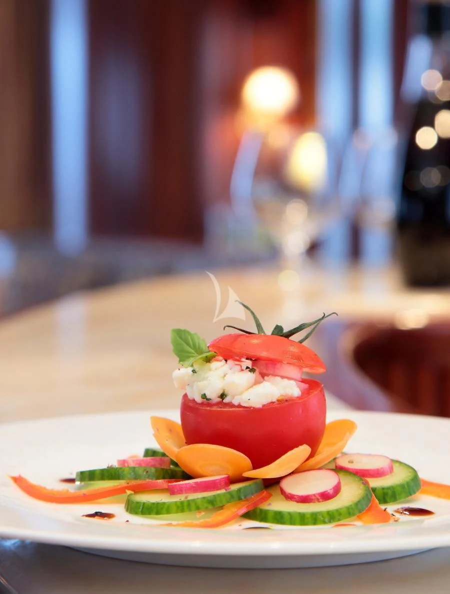 a plate of sushi aboard INOUIS Yacht for Charter