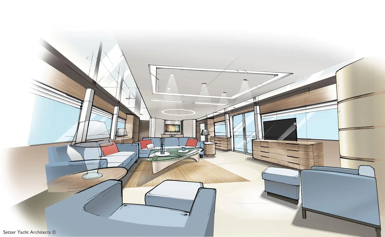 a room with a large window and a desk with computers aboard 3200 TRIDENT Yacht for Sale