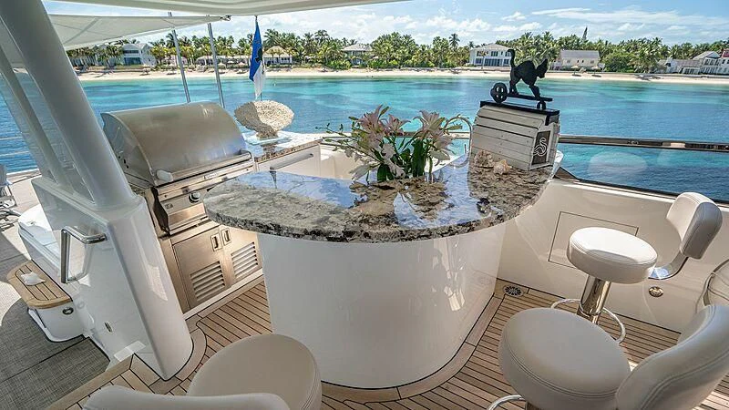 a room with a large window and a table with chairs and plants on it aboard BLACK SWAN Yacht for Sale