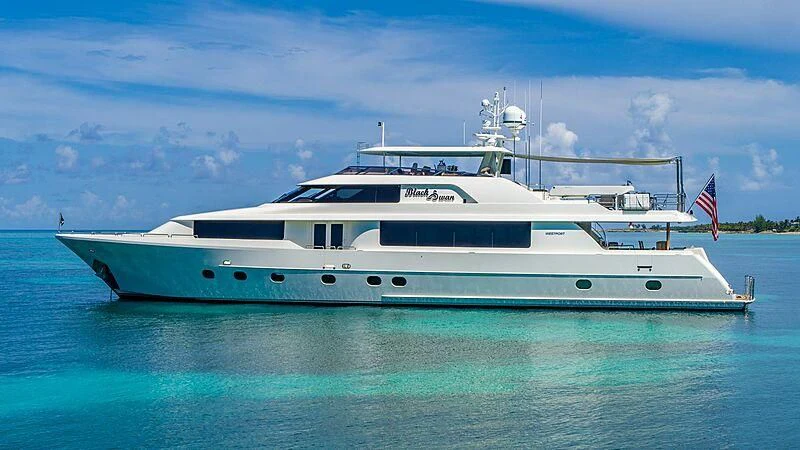 a large white boat in the water aboard BLACK SWAN Yacht for Sale
