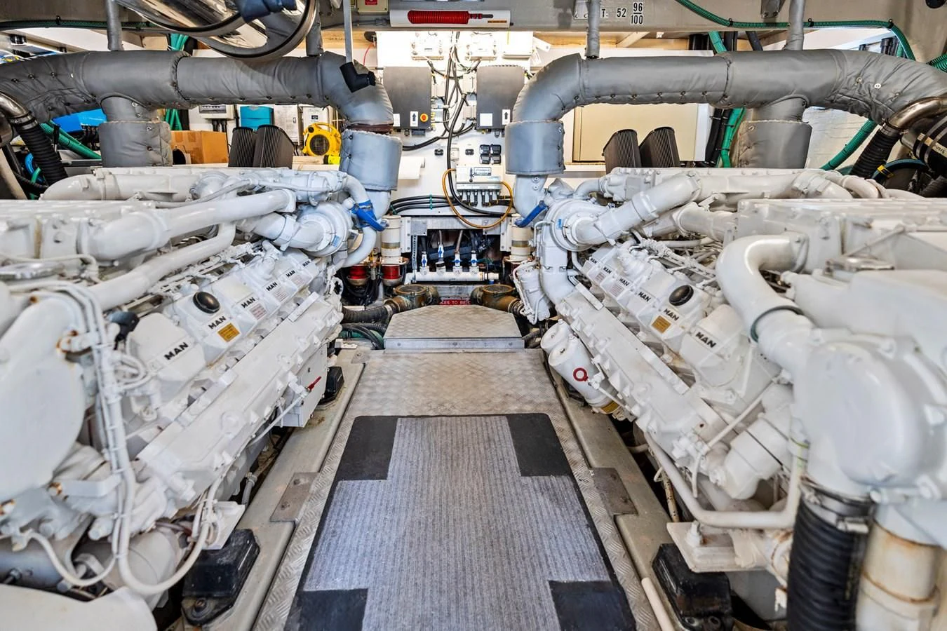 a room full of white pipes aboard PERSISTENCE Yacht for Sale