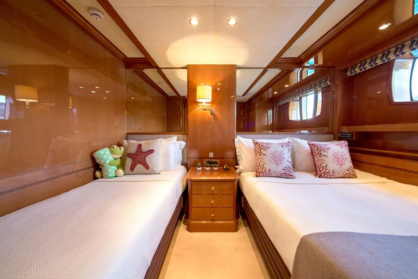 a room with two beds aboard REBECCA V Yacht for Sale