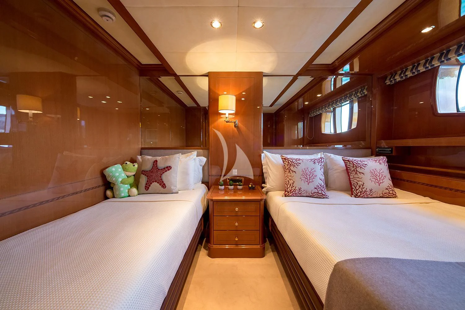 a room with two beds aboard REBECCA V Yacht for Sale