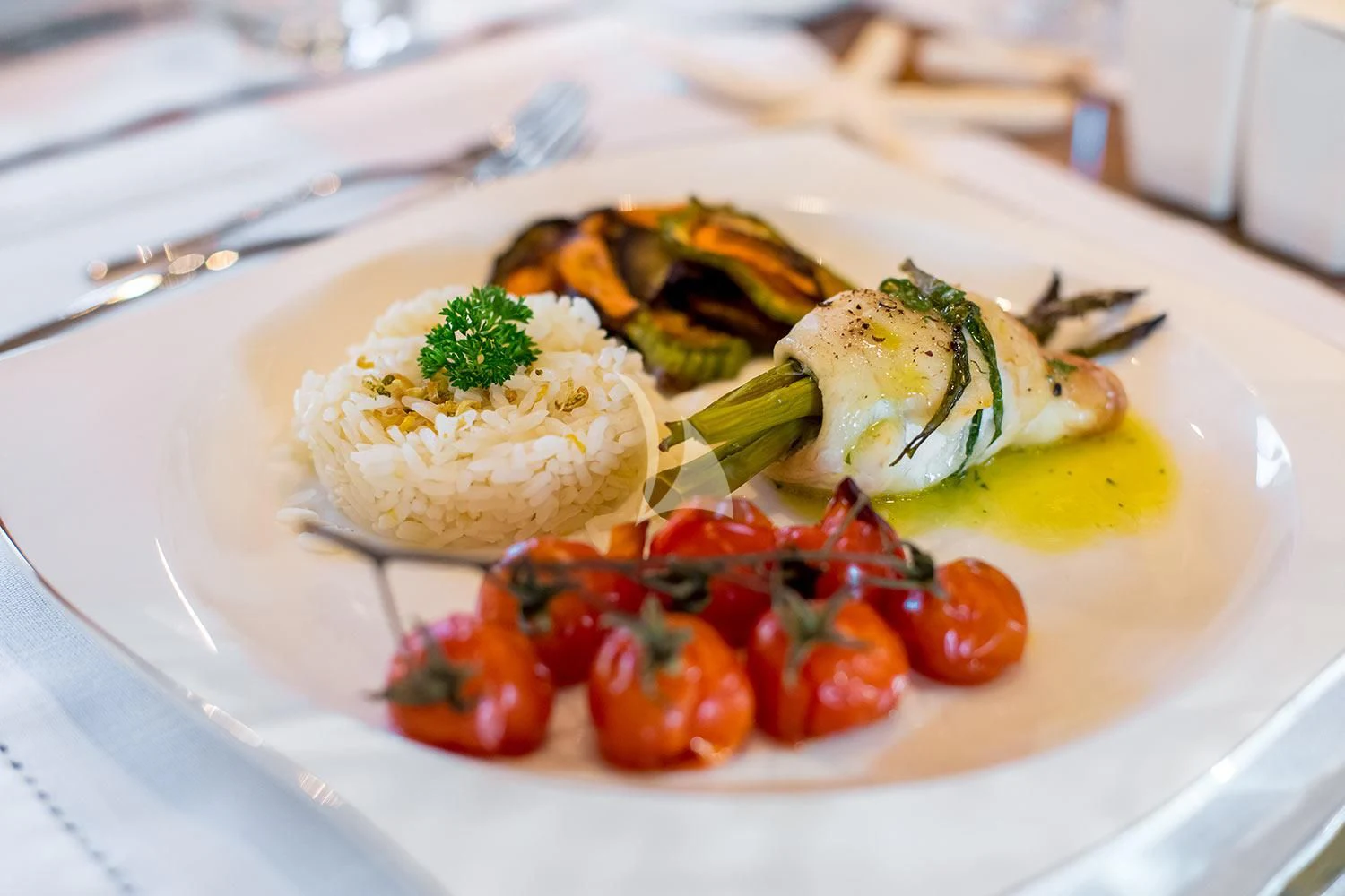 a plate of food aboard REBECCA V Yacht for Sale