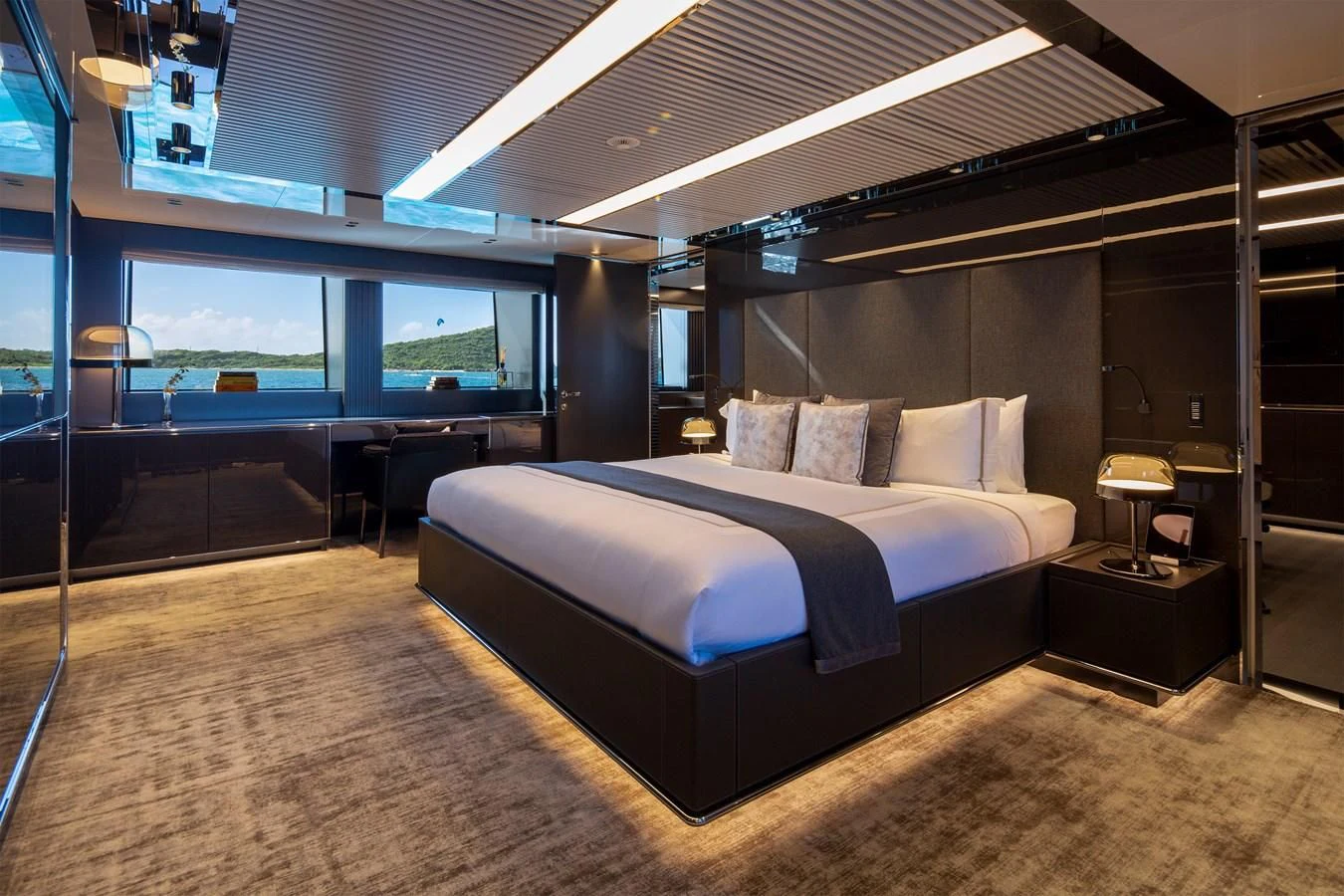 a bed in a room aboard FIFTY Yacht for Charter