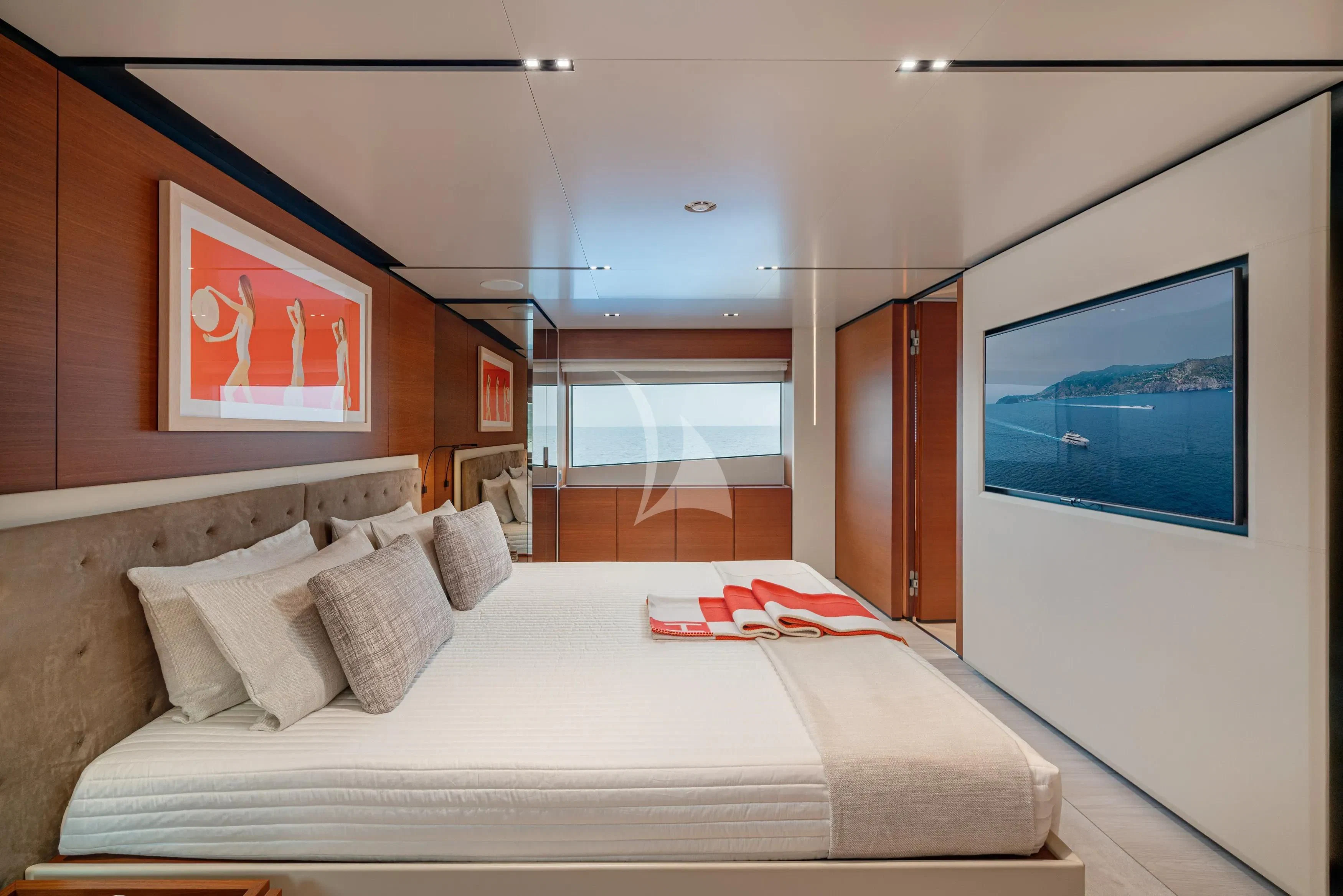 a bed in a room aboard DIANA II Yacht for Sale
