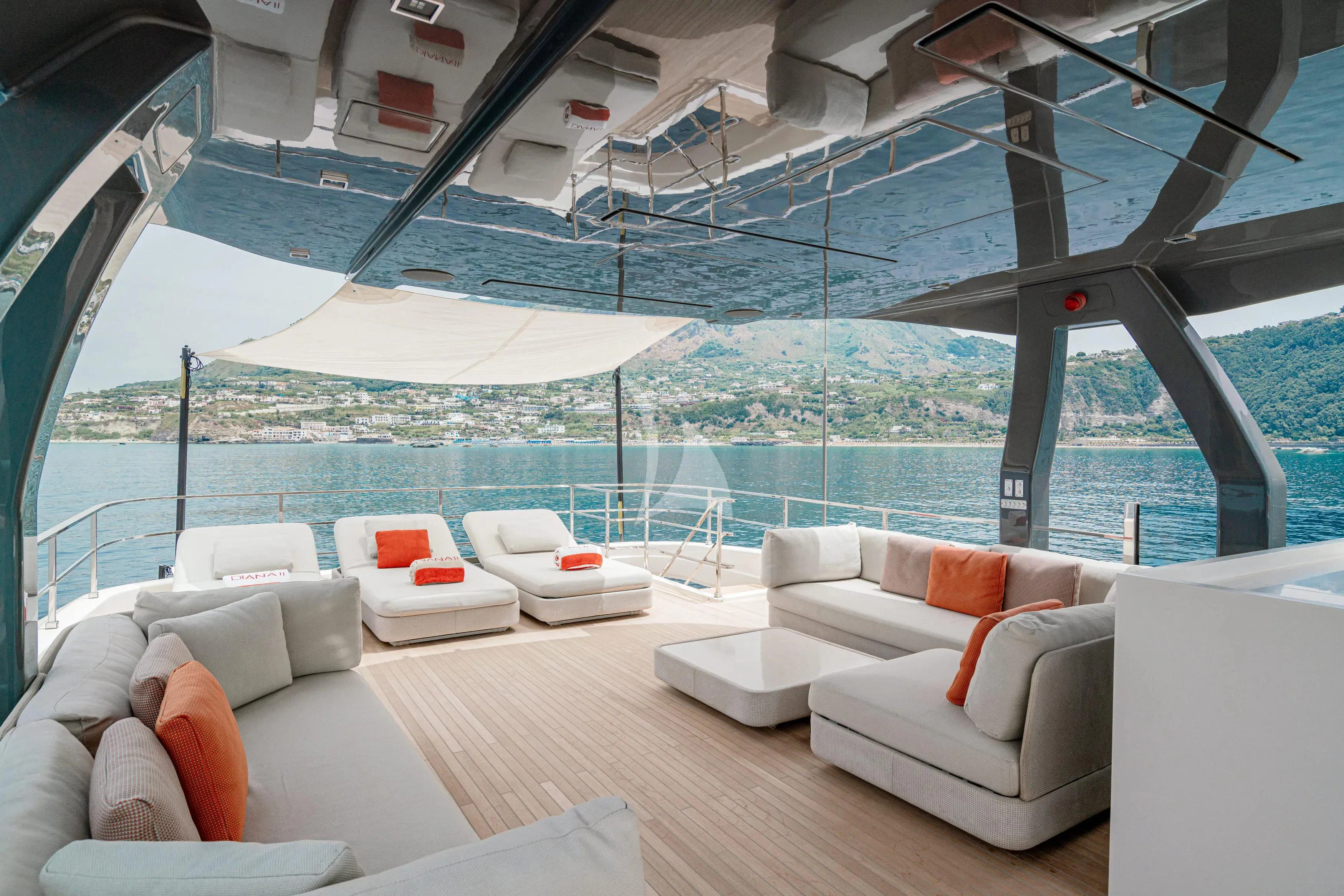 a living room with a large glass window aboard DIANA II Yacht for Sale