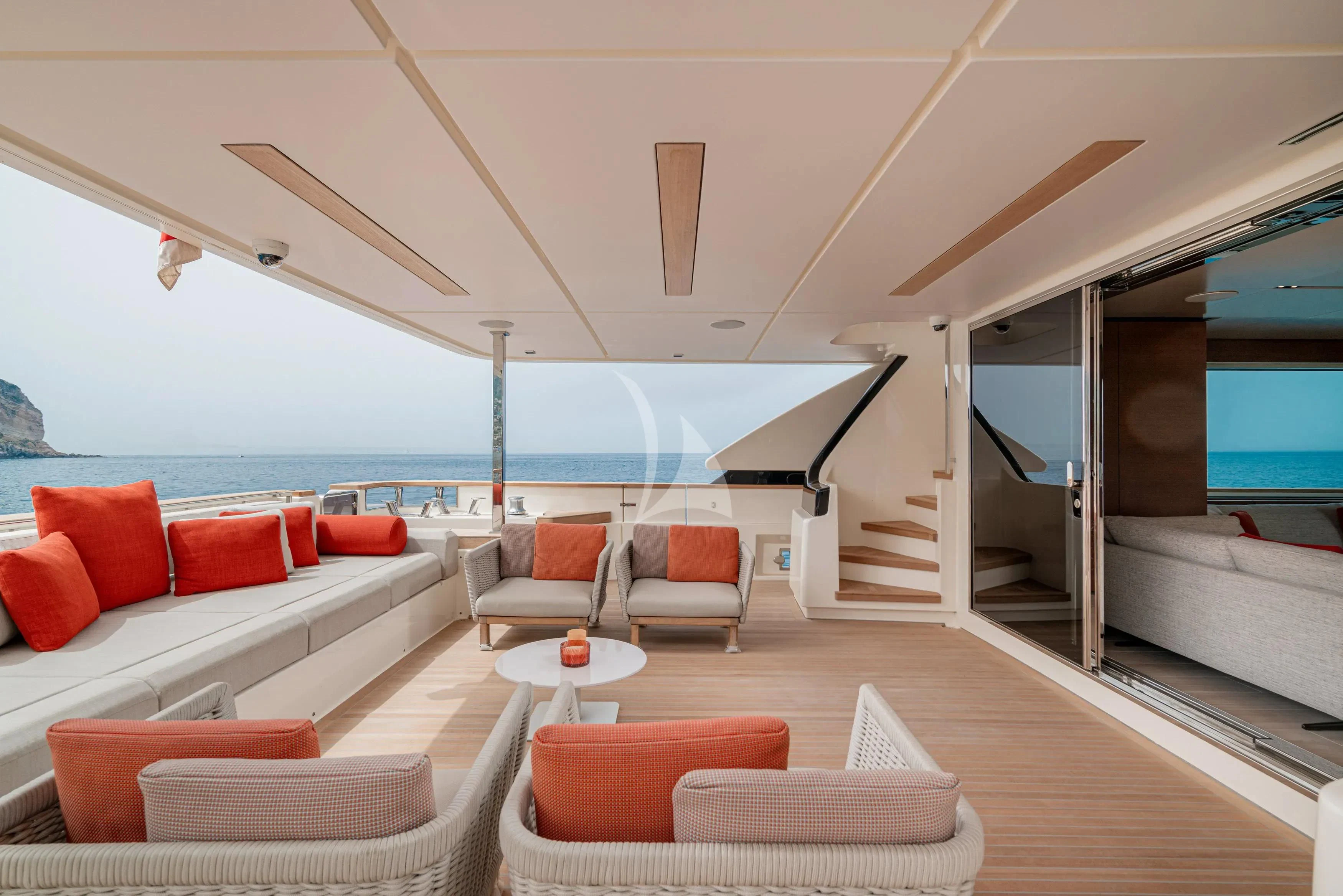 a room with a view of the ocean and the deck aboard DIANA II Yacht for Sale