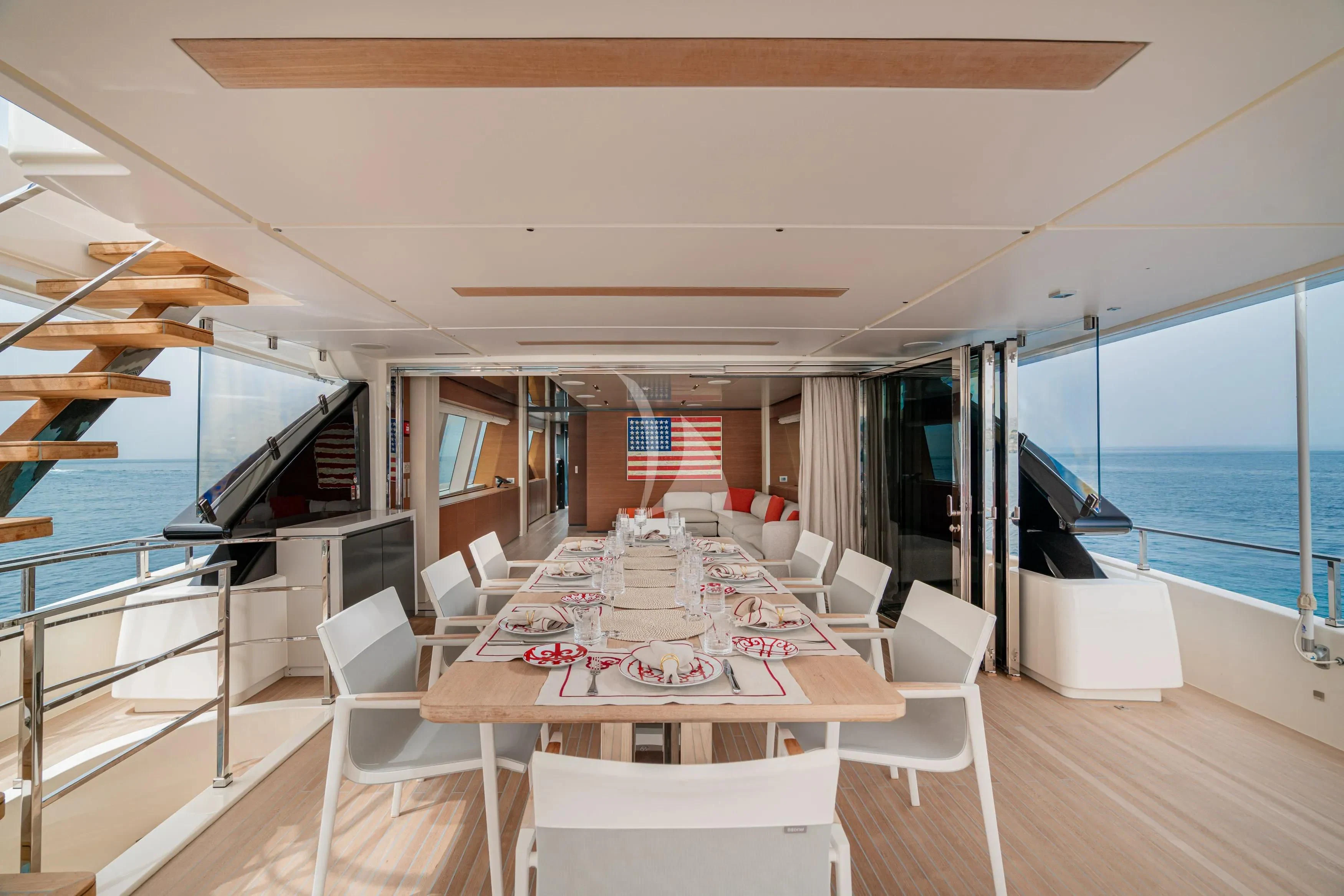 a room with a table chairs and a large window aboard DIANA II Yacht for Sale