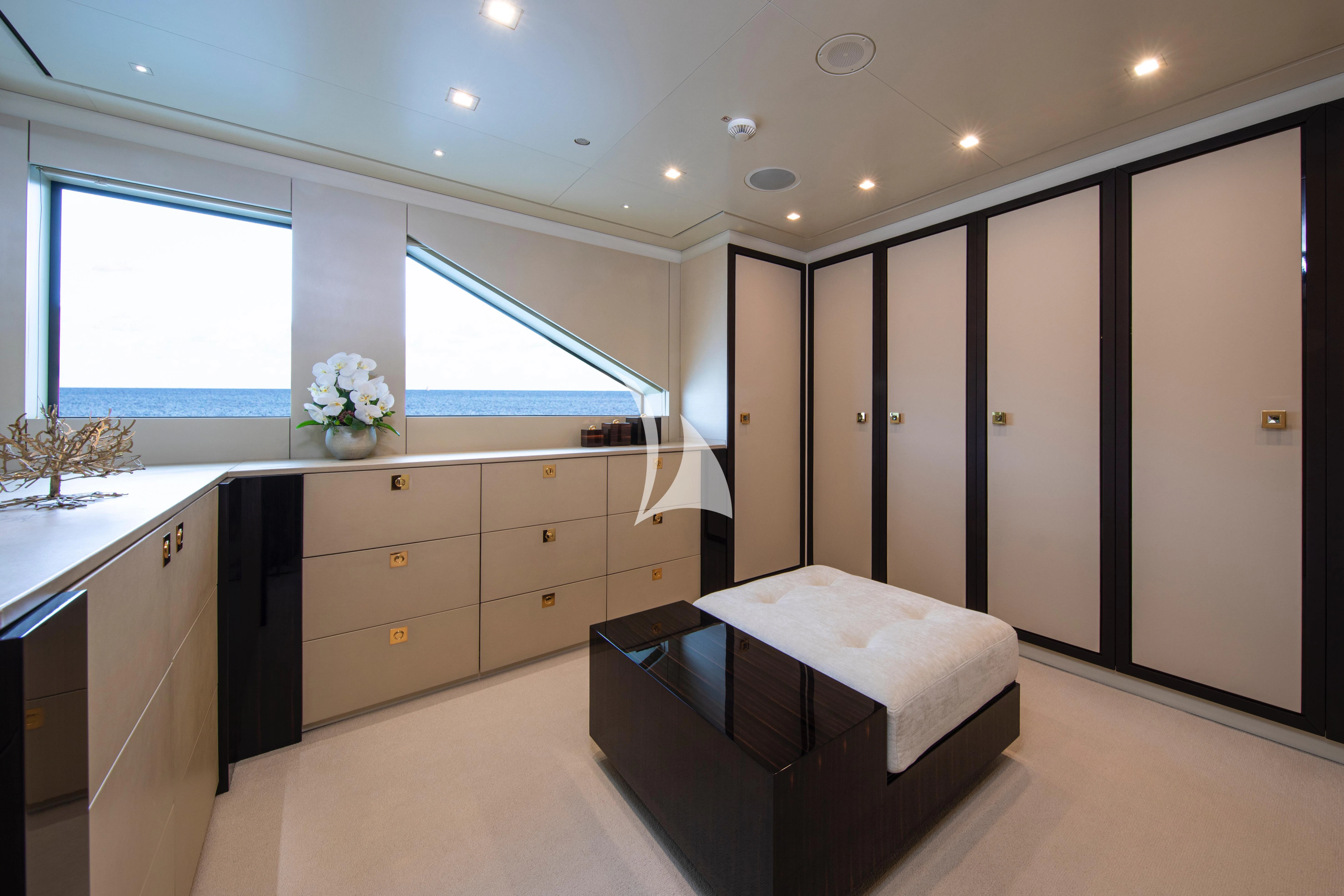 a large bathroom with a large window aboard ROMA Yacht for Sale