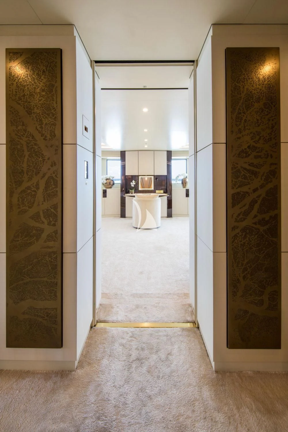 a bathroom with a glass door aboard ROMA Yacht for Sale