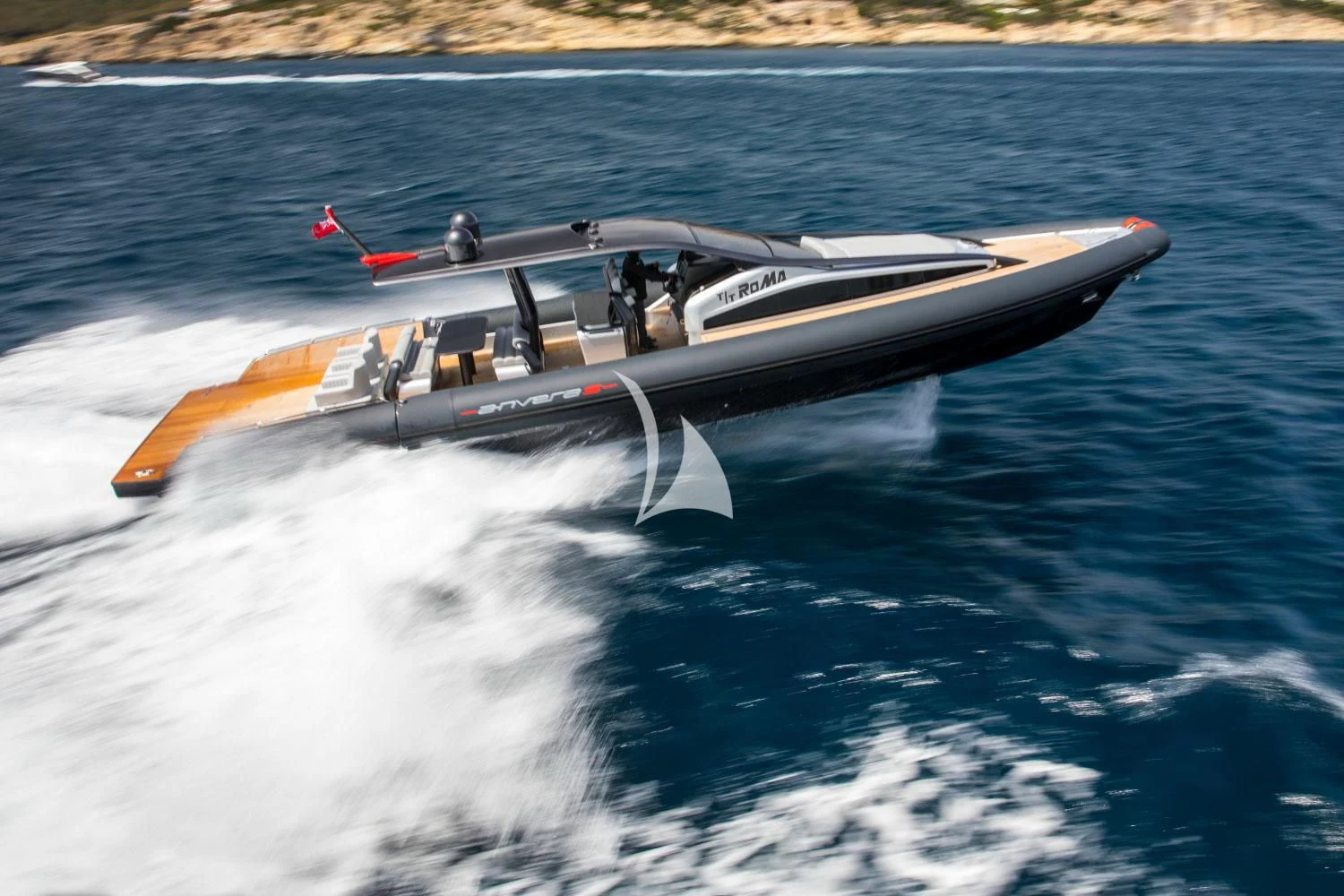a jet plane flying over water aboard ROMA Yacht for Sale