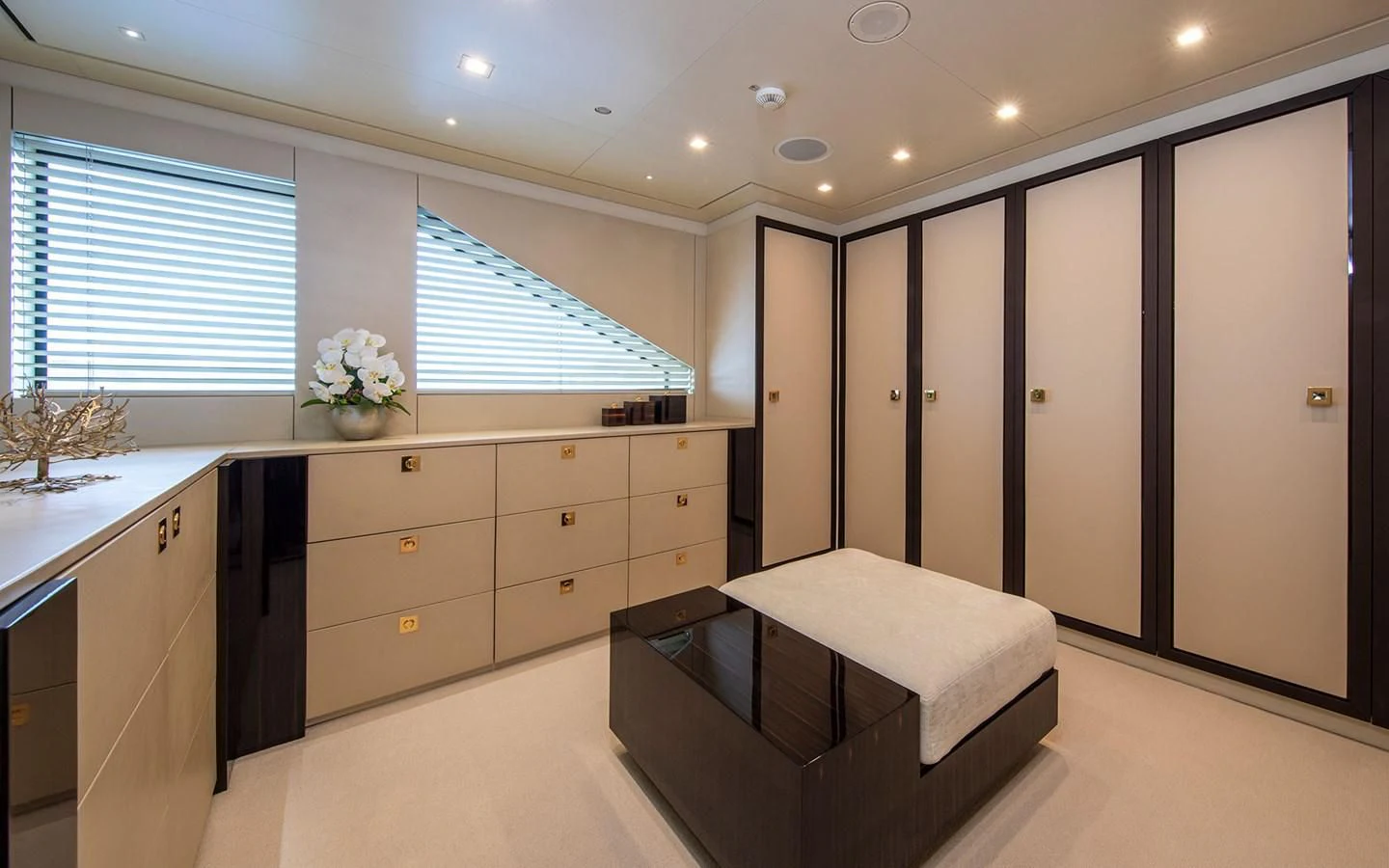 a large kitchen with a large island aboard ROMA Yacht for Sale