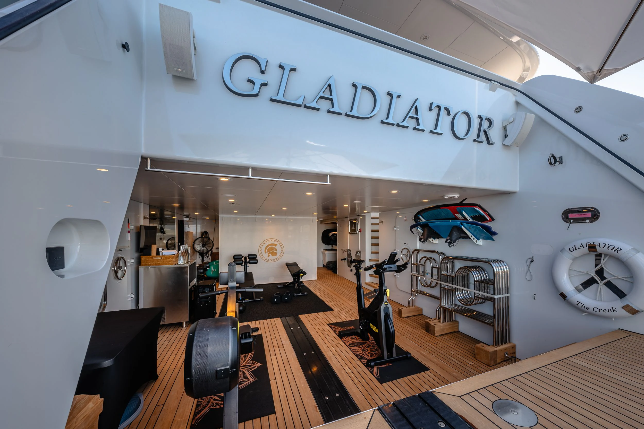 a large room with a large sign aboard GLADIATOR Yacht for Sale