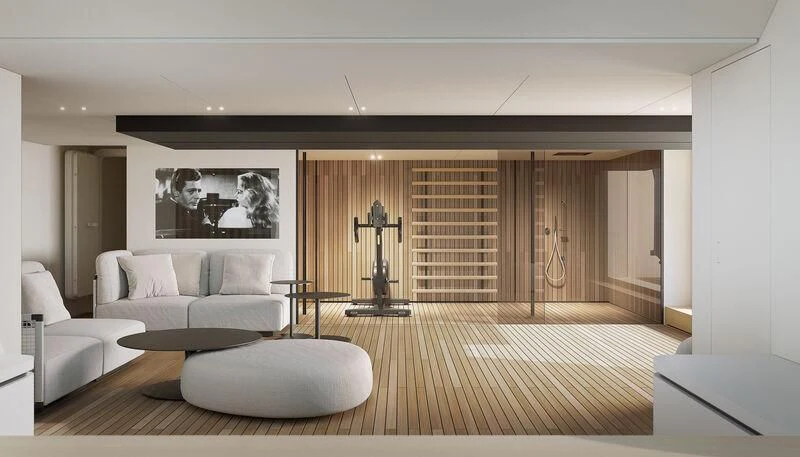 a living room with a large mirror aboard OCEAN ANGEL Yacht for Sale