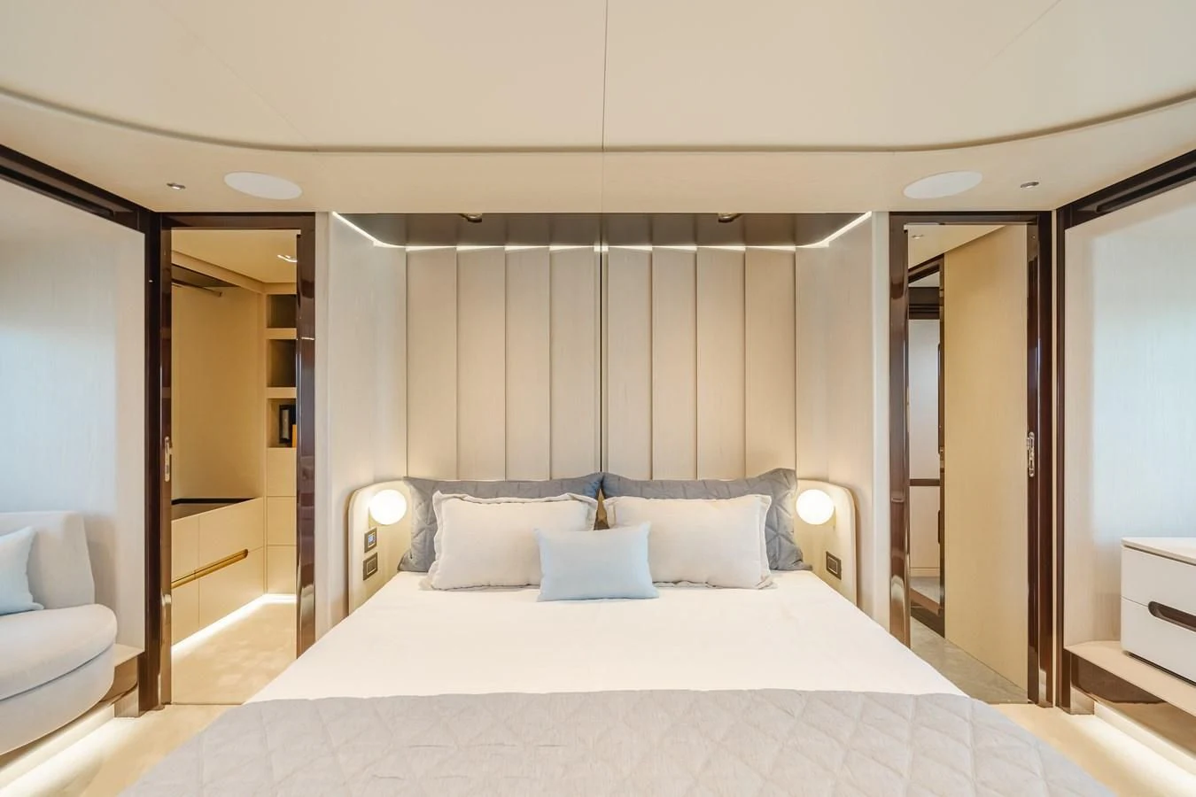 a large white bed with a white sheet and a white pillow aboard AZIMUT 25 METRI GRANDE Yacht for Sale