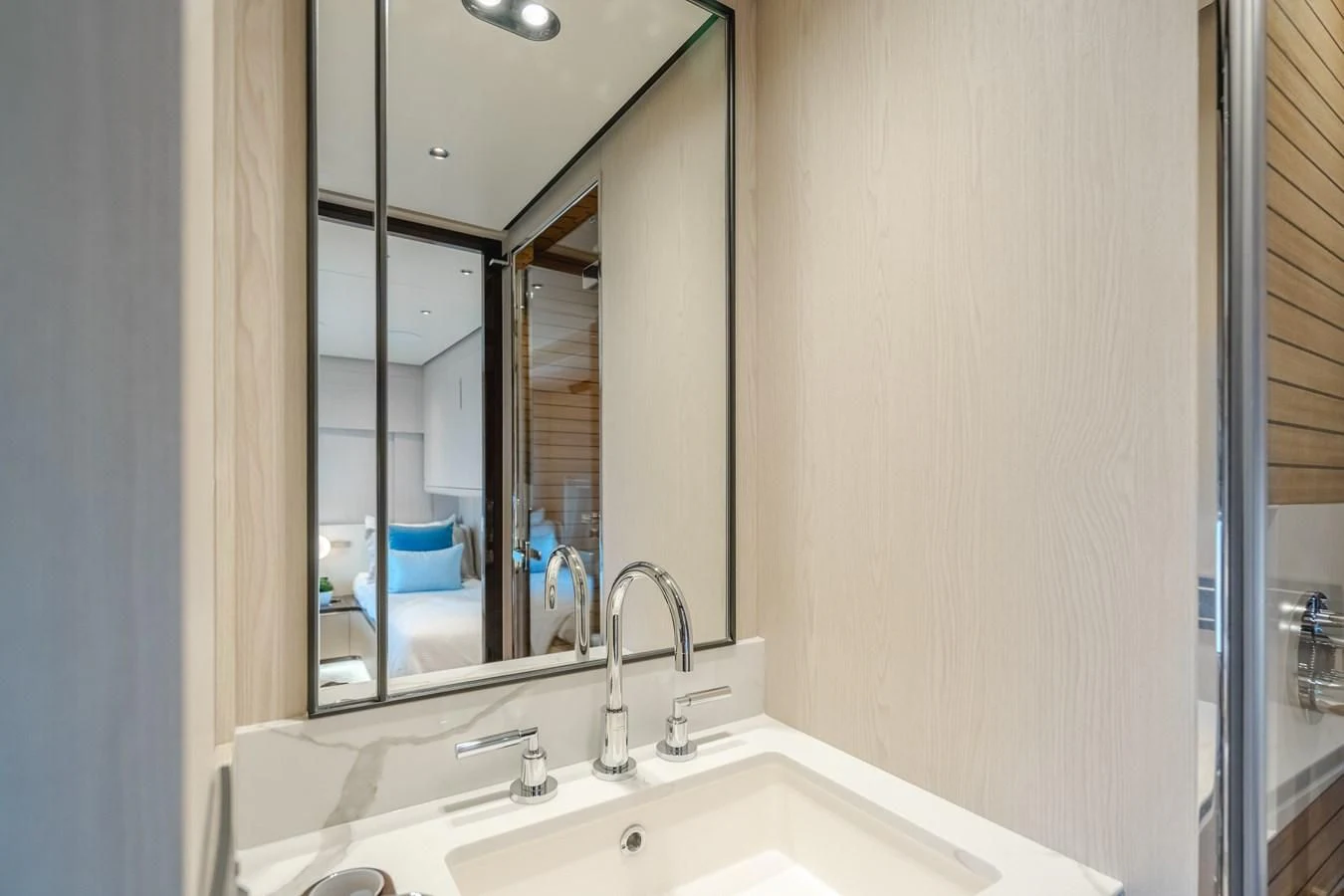 a bathroom with a large mirror aboard AZIMUT 25 METRI GRANDE Yacht for Sale