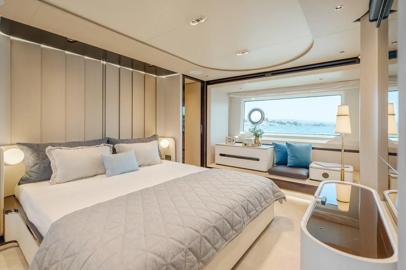 a bedroom with a large bed aboard AZIMUT 25 METRI GRANDE Yacht for Sale